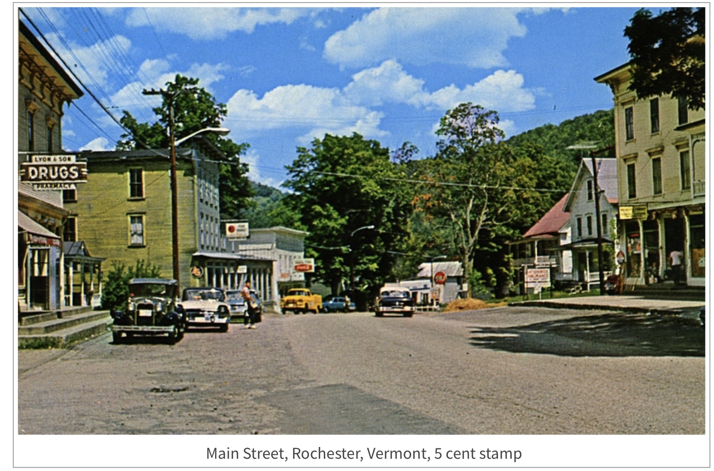 Historic Main Street in Rochester, Vermont, showing the village streetscape